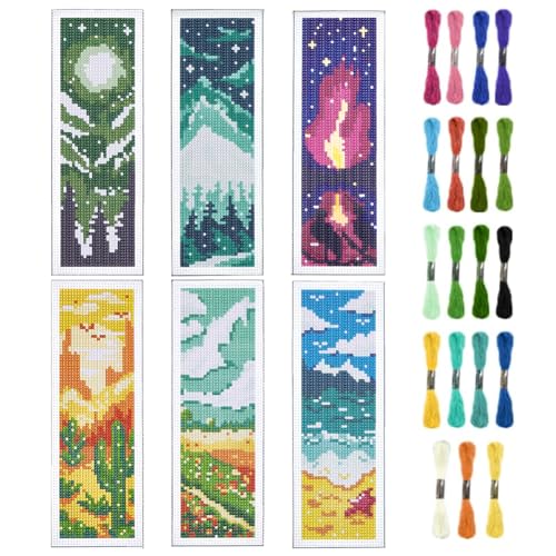 INFUNLY 6PCS Landscape Cross Stitch Bookmark Kit for Adults Mountain Cross Stitch Kits DIY Crossstitch Kits Natural Scenery Stamped Embroidery Bookmark Kit with Instructions for Book Lovers Readers - style: Scenery