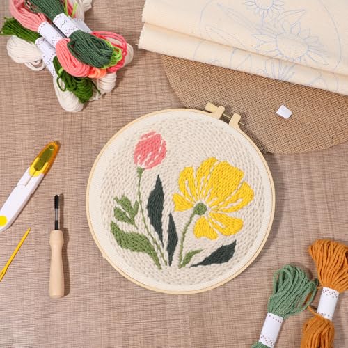 3 Pcs Punch Needle Kits, 7.87 Inch Flower Punch Needle Kit Sunflowers and Tulips Needles Punching kit with Hoop, Instruction, Fabric, Sewing Needles, Yarns, Scissors for Adult, Beginner, Children - size: Style B