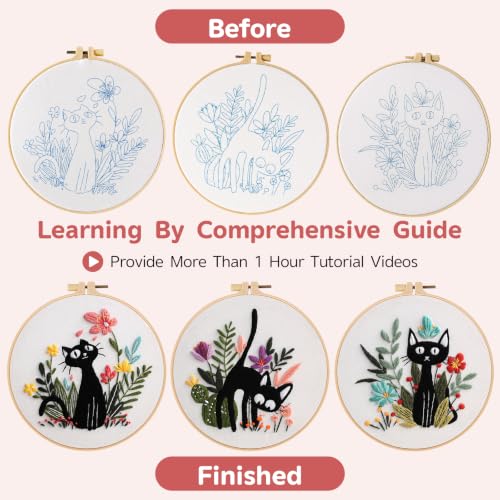 Meyocky Embroidery Kit for Beginners with Cat Flower Patterns& Stitch Video - color: Cat