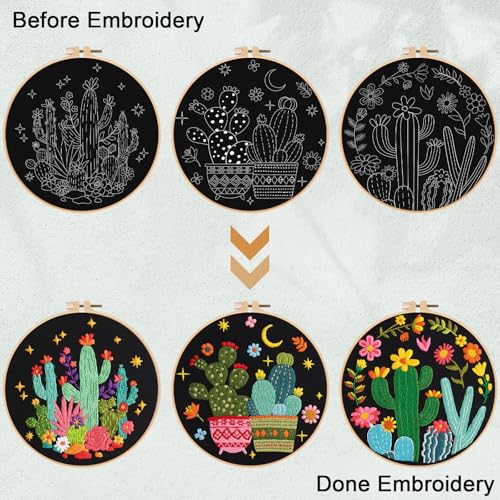 Nuberlic 3 Pack Embroidery Kit for Beginners with Cactus Pattern - color: Cactus