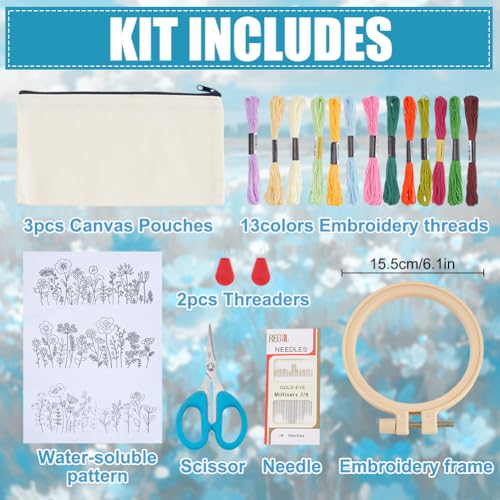 WEBEEDY 3 Sets Embroidery Pouch Making Kit DIY Floral Pouch Cosmetic Bag Embroidery Kit Include Stamped Flower Pattern, Hoop, Threads, Needles for Beginners Christmas Mother's Day Stitchwork Gift