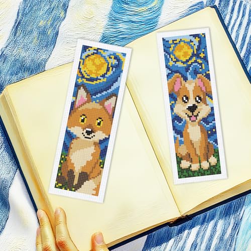 INFUNLY 6pcs Starry Sky Animals Cross Stitch Bookmark Kits for Adults Cat Dog DIY Cross Stitch Kit with Instructions Pre-Printed Art Fox Rabbits Stamped Embroidery Bookmark Kit for Book Readers Gift - style: Starry Sky Animals
