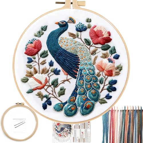 FONNUY Flower Peacock Embroidery Kit for Beginners, Cross Stitch Kits for Adults, Handmade Crafts with Printed Pattern Set, Color Thread Needlework, 8'' Hoop (Regal Peacock) - color: Regal Peacock