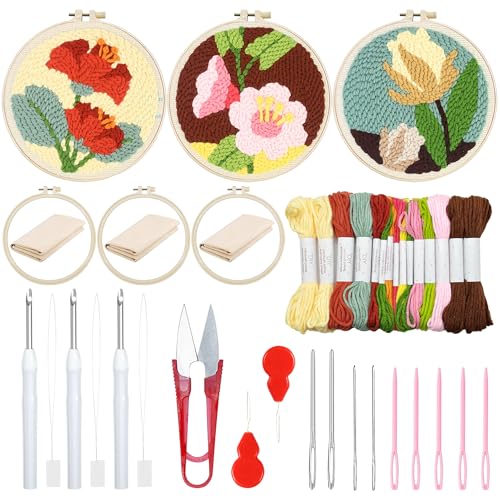 Woohome Punch Needle Kit Included Plastic Hoops, Punch Needle Cloth, Color Yarn and Punch Needle Tools for Adults, Beginners (Red, Pink and Yellow Flowers) - color: Color 17