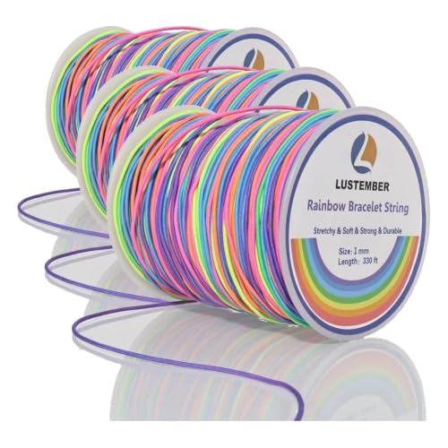 LUSTEMBER 1mm Bracelet String Elastic String, 330 Feet Sturdy Durable Rainbow Elastic Cord for Bracelets, Jewelry Making, Necklaces, Beading and Crafts (Pack of 3) - size: 330 Feet (Pack of 3)