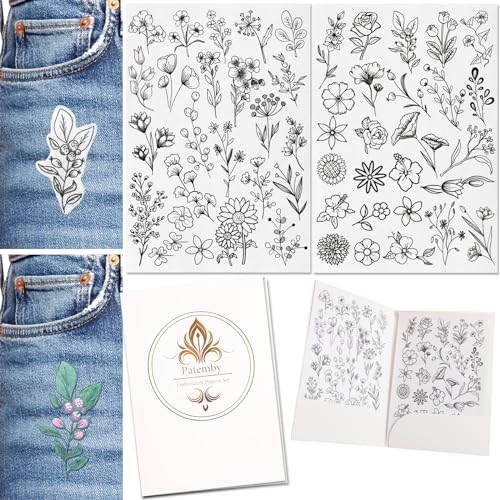 Patemby 50Pcs Embroidery Pattern Water Soluble Embroidery Stabilizers, Stick and Stitch Embroidery Paper Wash Away with Pre-Printed Pattern Designs Stencils Transfers for Hand Sewing Lover Beginner - color: Flower