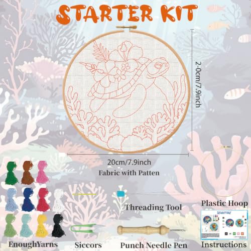BEUNITONE 2PCS Punch Needle Kits with Sea Turtle Pre-Print Pattern Easy for Beginners, DIY Craft Embroidery Needlepoint Kits for Adults with Hoop Punch Needle Set for Craft Lovers Home Decor 7.9x7.9 - color: 09-Sea turtle