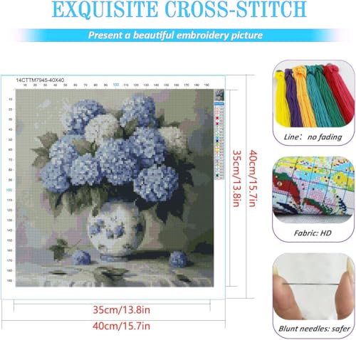 KYOQFVN Flowers Stamped Cross Stitch Kits - Hydrangea Counted Cross Stitch Kits for Beginners, Needlepoint Cross-Stitch Patterns Embroidery Kits for Home Decor 14x14 Inch - color: SZXXQH-US