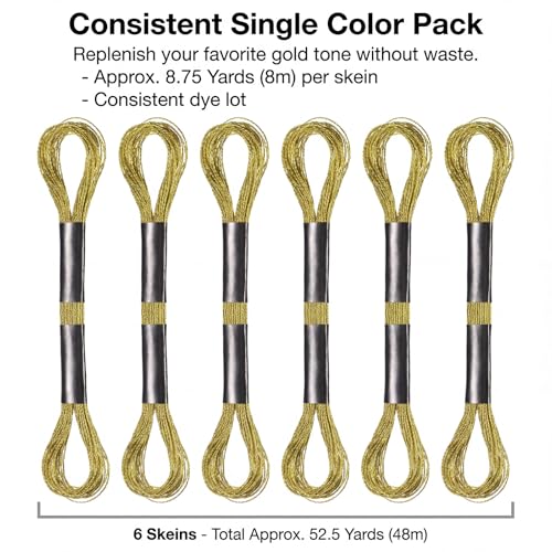 6 Skeins Embroidery Threads Metallic Light Gold Embroidery Floss Friendship Bracelet Cross Stitch Thread for Sewing Polyester Cross Stitch Threads for Hand String Art （8 m 12 Strands）