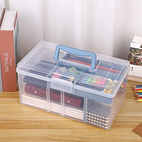 BTSKY 2 Layer Clear Plastic Dividing Storage Box with Removable Tray Multipurpose Stationery Storage Box with Handle Portable Sewing Box Art Craft Supply Organizer Home Utility Box (Big Blue) - color: Big Blue