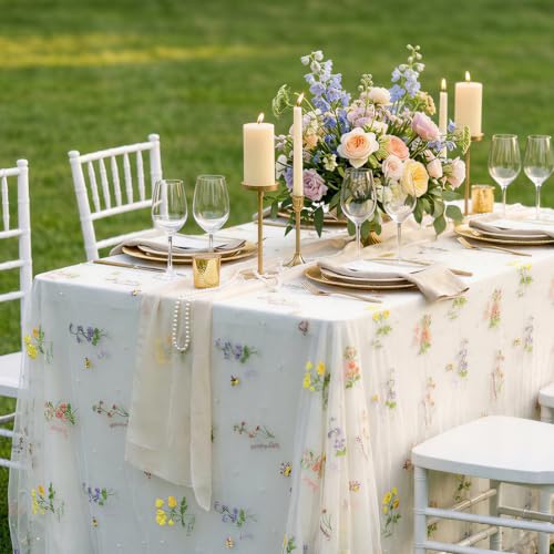 Beige Apricot Floral Tablecloth 10FT Summer Butterfly Wildflower Overlay - color: Beige Apricot, size: 60"x120", 1 Pc