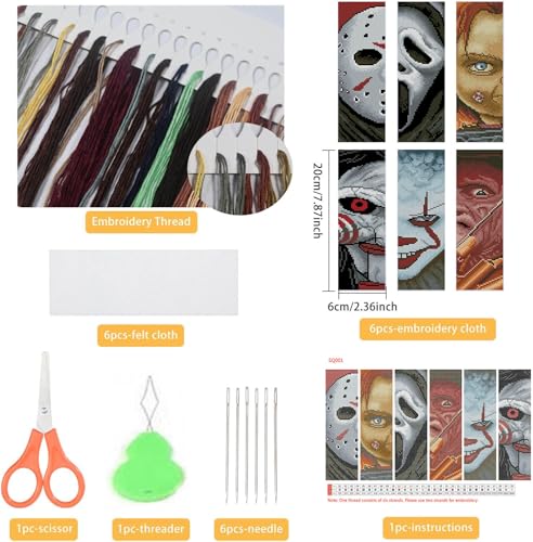 NEGEKFKX 6 Pcs Horror Cross Stitch Bookmark Kit for Adult Beginners - color: Cross stitch bookmark-1