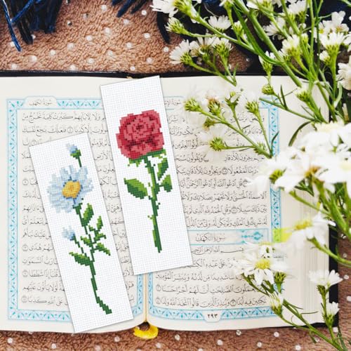 BEUNITONE 6 Pcs Flower Bookmark Cross Stitch Kits DIY Stamped Embroidery Bookmark Kit for Adults Beginner with Instructions Vivid Floral Cross Stitch Kits for DIY Crafts Book Lovers Gifts 2.4x8 in - style: Single Flower