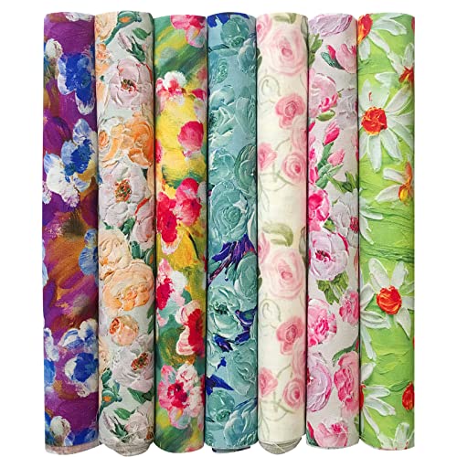 7 Pcs Oil Painting Flower Fat Quarters Fabric Bundles Quilting Fabric Bundle Patchwork for Sewing Quilting and Crafting (18x22 inch)