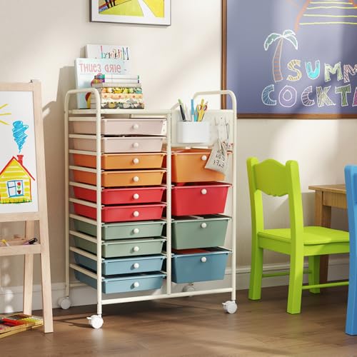 Giantex 14 Drawer Storage Cart, Rolling Craft Cart with Metal Tabletop & Pegboard, Mobile Utility Organizer Trolley with Locking Wheels, Home Office, Macaron Multicolor - color: Macaron, size: 14 Drawer-25"x14.5"x34.5"