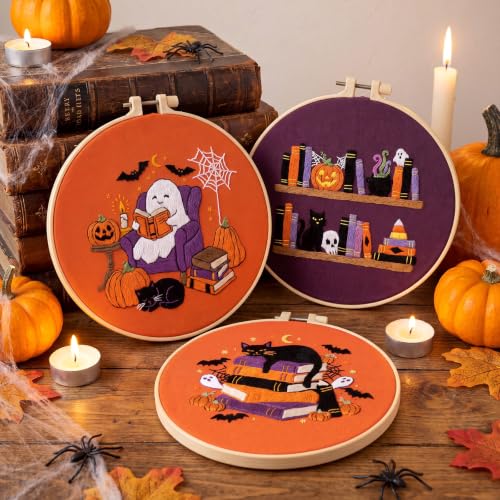 Mindsoft 3 Set Needlepoint Kit for Beginners with Hoop,Halloween Booklover - style: Halloween Booklover