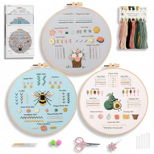 Vittqsuier 3 Pack Beginner Embroidery Kit with Hoop & Threads for Adults