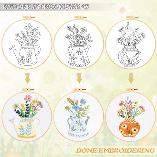 GLTAYLMY 3pcs Embroidery Starter Kit with Vase Pattern, Stamped Cross Stitch Kits for Beginners Adults with Embroidery Hoop and Instructions, Hand Embroidery Kit - color: Floral456