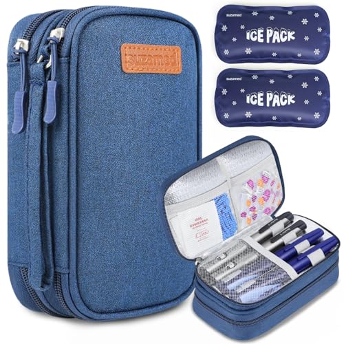 suzamed Double Layer Insulin Cooler Travel Case, Expandable Space, Blue - color: Blue