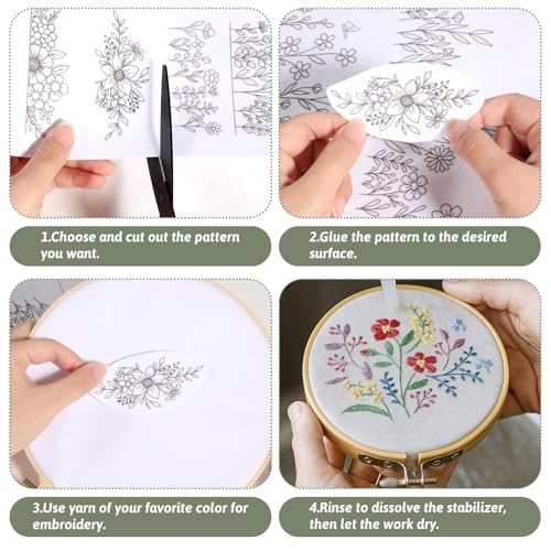 4 Sheets Water Soluble Embroider Pattern Stabilizer Stick and Stitch Embroidery Patterns Flower Stick and Stitch Embroidery Paper Wash Away with Pre-Printed Flower Leave Butterfly for Hand Sewing Love