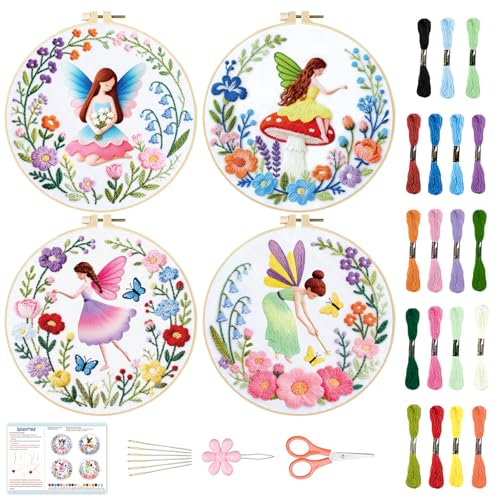 BEUNITONE 4 Set Fairy Patterns Embroidery Kit for Beginners 7.9"x7.9" DIY Complete Needlepoint Kits for Adults, Cross Stitch Starter Kit with Hoops and Instructions, Handmade Gifts for Home Decor - style: A-Fairy