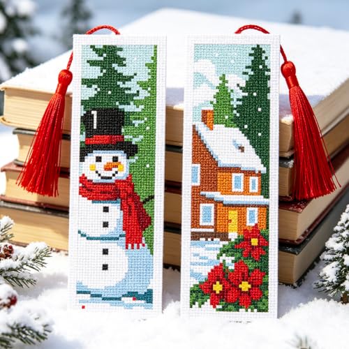 ACRNIGHEET 6PCS Cross Stitch Bookmark Kit (Winter Forest Pattern) - style: Winter Forest with Tassel