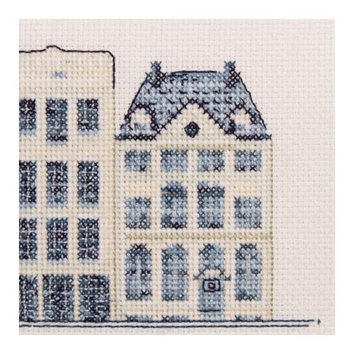 Thea Gouverneur - Counted Cross Stitch Kit - Delft Blue Houses - Aida - 18 Count - Embroidery Kit for Adults - DMC Embroidery Threads and Other Cross Stitch Supplies Included - 552A - color: Delft Blue Houses, size: 10.6 x 4.3 inches