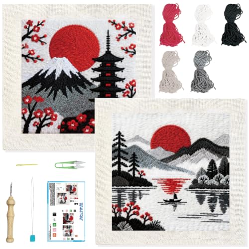 BEUNITONE 2Set Punch Needle Kit with Frame for Adults Beginners, Japanese Style Needlepoint Crafts Kit for Adults, Complete Embroidery Starter Kits with Pre-print Pattern for Gift Home Decor 9.4"x9.4" - color: 03-Japanese Landscape