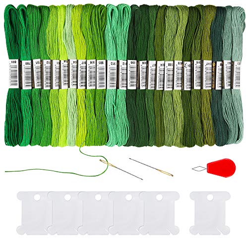 Pllieay 24 Skeins Friendship Bracelets Floss, Green Gradient Embroidery Floss, Cross Stitch Threads with 6 Floss Bobbins, 2 Embroidery Needles and 1 Needle Threader for Cross Stitch Project - color: Green Gradient