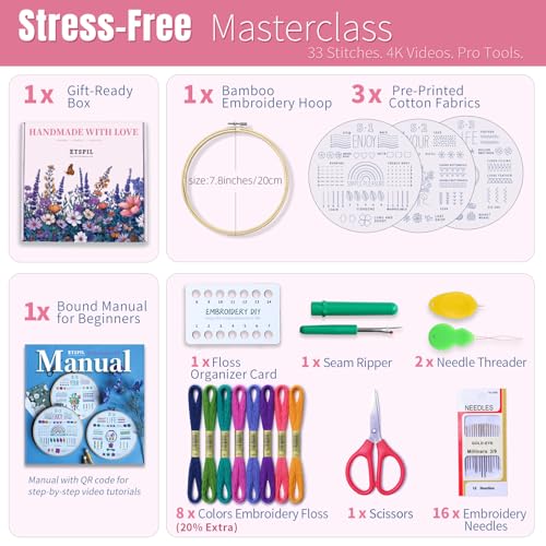ETSPIL Beginner Embroidery Kit for Adults, No-Wash Finish, 4K Video - color: simple A