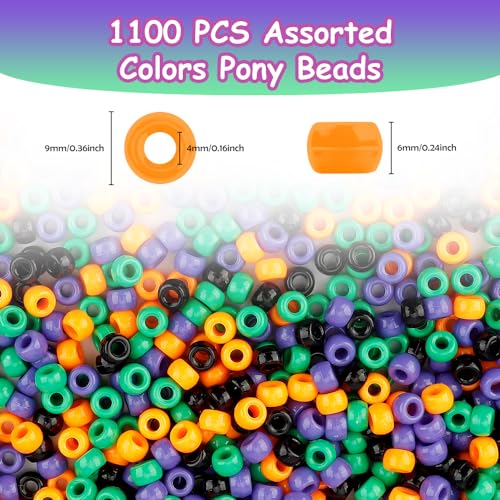 1100 Pcs Halloween Pony Beads for Bracelets Jewelry Making,Plastic Hair Beads for Crafts,Friendship Bracelets Crafts(Black,Purple,Orange,Green) - color: 1100 PCS Halloween