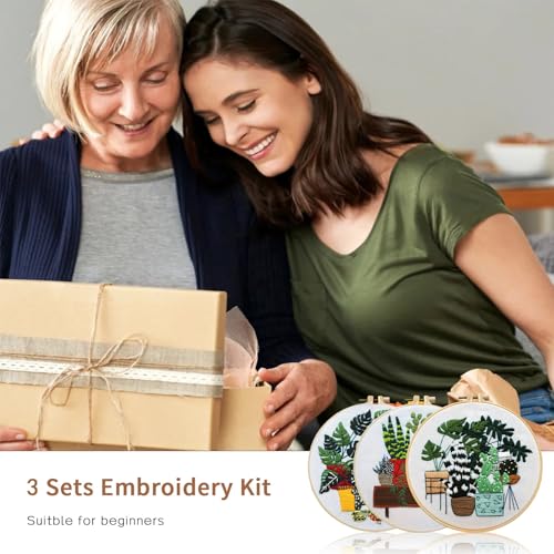 LB 3 Pack Green Plant Leaf Embroidery Kit for Beginners Succulent Cactus Beginner Embroidery Kit for Adults DIY Starter Kit with Embroidery Hoop Colorful Threads Tools - color: Black
