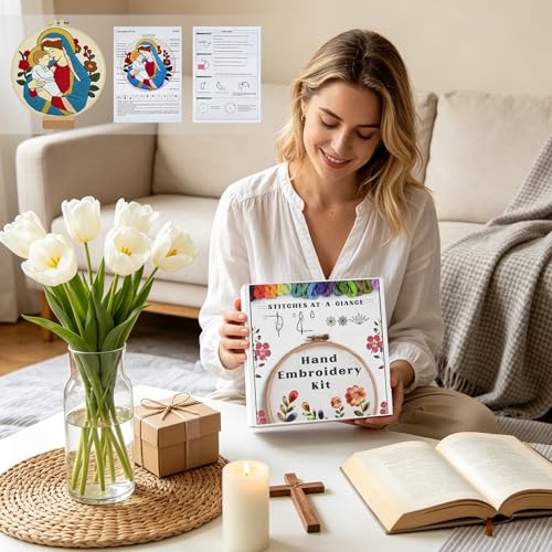 Christian Embroidery Kit for Beginners Adults, Virgin Mary Easy Cross Stitch Kit Jesus and The Holy Mother Mary Pattern Embroidery Starter Kits with Wooden Hoop Needles Threads and Instruction - color: Virgin Mary