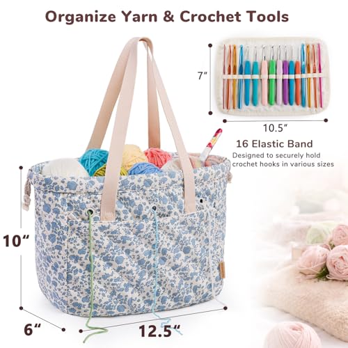 MYBAGZING Portable Crochet Bag Organizer with Crochet Hook Organizer Roll - color: Blue Flower