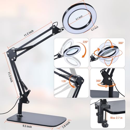 Magnifying Glass with Light and Stand, 3 Color Mode & 10 Dimmable Levels, Hands Free Lighted Magnifier with Clamp, LED Magnifying Desk Lamp for Close Work, Reading, Crafts, Painting Miniatures