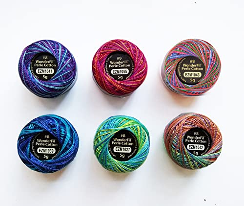 WonderFil Eleganza Size 8 Perle Cotton Embroidery Thread 'Rave' Sampler Set - 6 Variegated Colors, 42 Yards Each, Blues and Teals