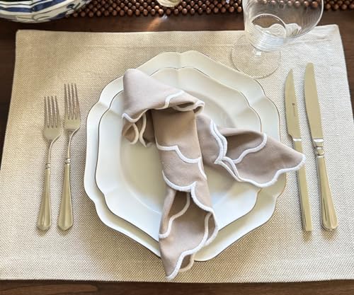 Beige Napkins, Festival Napkins, Scalloped, 100% Cotton, Embroidered, Set of 4, Table Decor Spring Summer, Winter Party Napkins, Farmhouse, Washable, Wedding Linen Napkin 18x18 - color: Beige