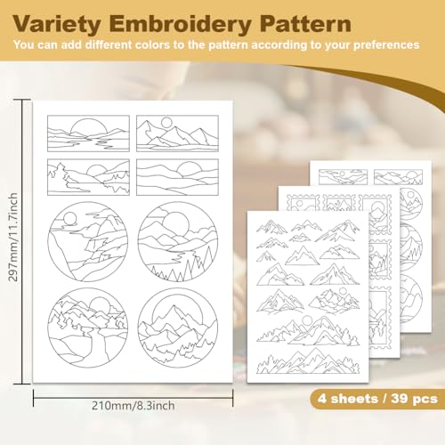39Pcs Mountain Sun Water Soluble Hand Sewing Stabilizers, 8.3"x11.7" Natural Scenery Embroidery Pattern Stabilizer, 4 Sheets Round Stick and Stitch Embroidery Paper Sticker