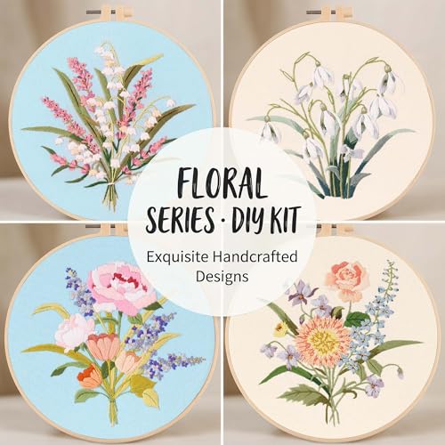 Harimau Adult Beginner Embroidery Starter Kit, Complete Set with 4 Patterns, 2 Hoops, Needles, Scissors, Instruction Guide & Stitching Video Tutorials - color: Floral7 pattern