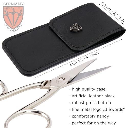 3 Swords Germany - Embroidery Scissors, Shears for Art Work, Daily Use in Household, Sewing, crocheting, Art Work, Craft, needle work with black Synthetic Leather case