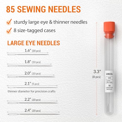 50 Large Eye Sturdy Sewing Needles and 35 Big and Thinner Eye Sharp Sewing Needles - Total 85 Needles for Sewing, Crafting, and DIY