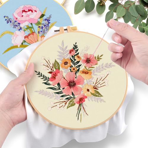 ERKOON Embroidery Kit for Beginners, 5 Sets Flower Cross Stitch Set for Adults Include Embroidery Cloth Hoops Threads for Craft Lover Hand Stitch with Skill Techniques (Bouquet) - color: Bouquet