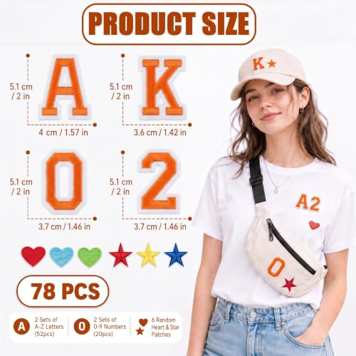 Jongdari Iron On Letters and Numbers Patches for Clothing, 2" Embroidery Alphabet Letterman Jacket Patche A-Z & 0-9 Applique for Backpack & Fabric (Orange 78pcs) - color: Orange, size: 52 Letters + 20 Numbers + 6 Patches