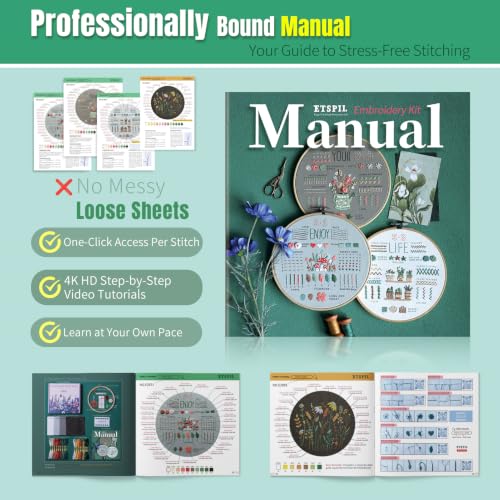 ETSPIL Embroidery Kit for Adults, 2 Hoops, 4K Slow-Mo, Pre-Printed Patterns - color: flower D4