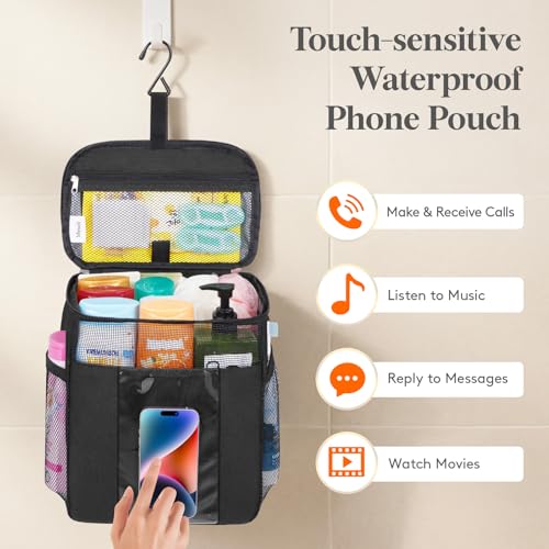 Lifewit Mesh Shower Caddy, Hanging Bathroom Organizer with PVC Phone Bag - color: Black, size: L(10"L x 6"W x 11.5"H)