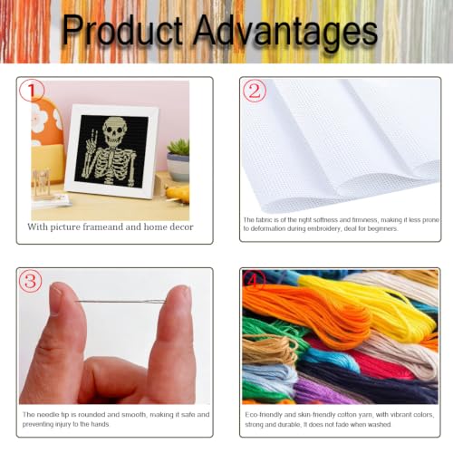 Punk Skeleton Stamped Cross Stitch Kits for Adults Beginners with Frame - color: skeleton Cross Stitch Kits
