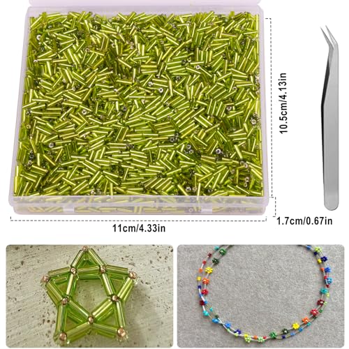 4000pcs Light Green Bugle Beads Bulk -Embroidery Beads,Long Tube Bead for Jewelry Making, Bracelet Necklaces Supplies,Craft DIY(7x2mm) - color: Light green