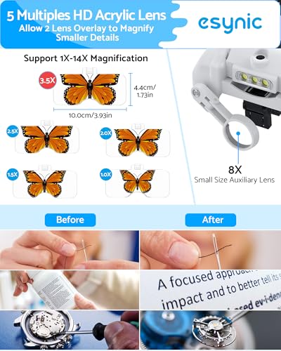 eSynic Type-C Rechargeable Magnifying Glasses Headset-Up to 14X Magnification with 5 Interchangeable Lense-3 LED Lights with 2 Adjustable Brightness Levels-Comfort & Fit Headband for Crafts/Reading