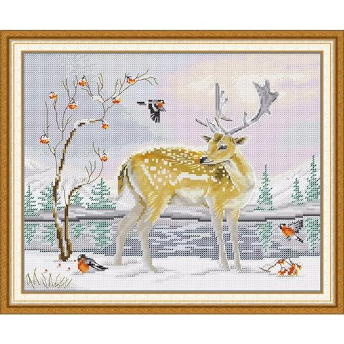 ITSTITCH Stamped Cross Stitch Kits - Full Range of Embroidery Patterns for Beginners or Adults,14 CT 2 Strands DIY Counted Needlepoint Arts Craft-Deer and Birds 13.7×11.8 inch - color: Deer and Birds