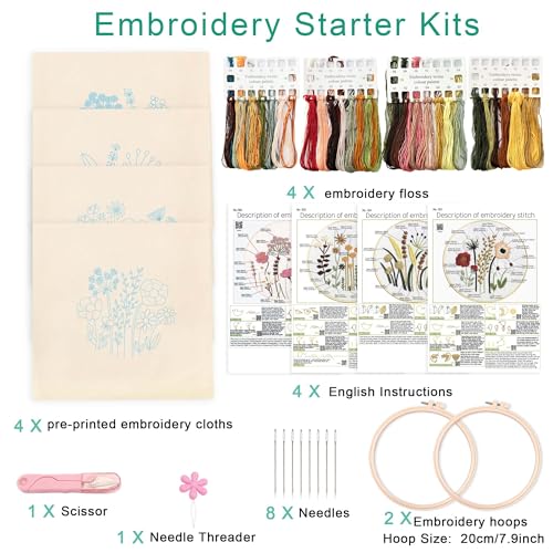 Harimau Adult Beginner Embroidery Starter Kit, Complete Set with 4 Patterns, 2 Hoops, Needles, Scissors, Instruction Guide & Stitching Video Tutorials - color: Floral4 pattern